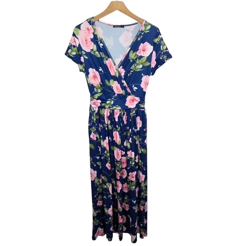Ouges Navy Blue Pink Floral Surplice Crossover V-Neck Maxi Dress Size Small
